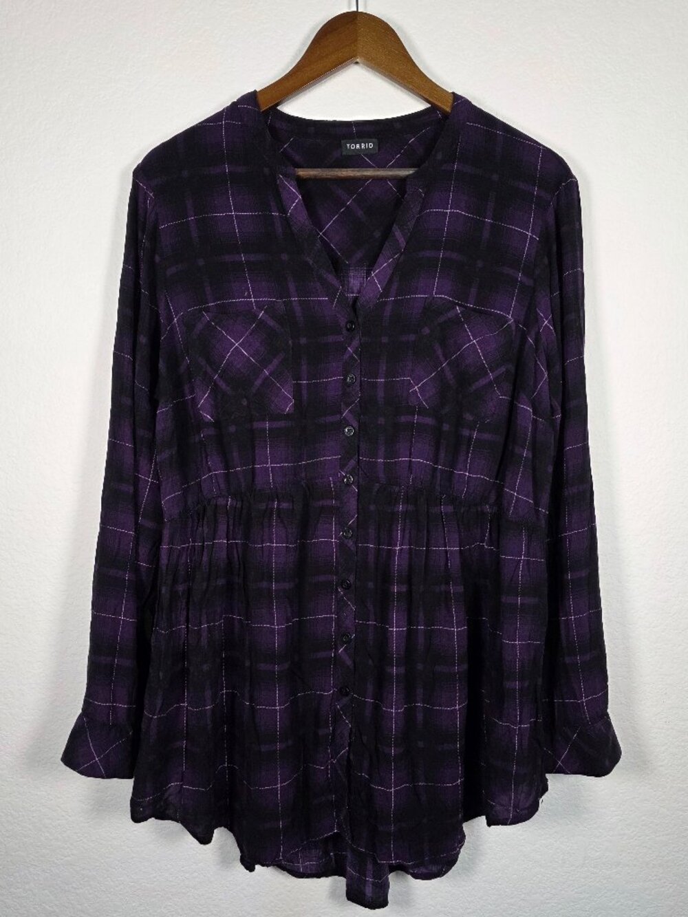 Torrid Purple Black Plaid Rayon Smocked Button Front Tunic Top Size 2 / 2X